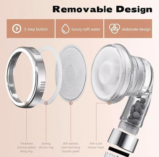 GRANDx High Pressure Handheld Shower Head – 3 Modes, Water-Saving, Filtration Beads, Detachable, Polished Silver, Modern Bathroom Upgrade