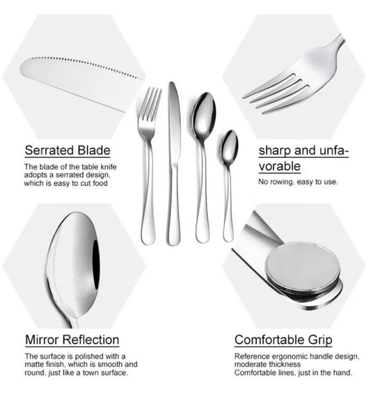 24 Pc Silver Cutlery Dinner Set Stainless Steel Gold Boxed Mirror Forks, Spoons